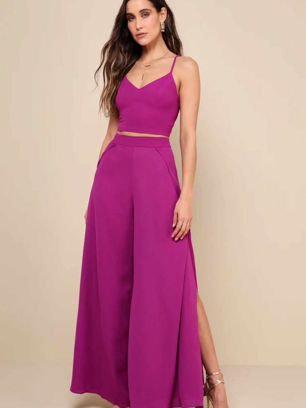 NWT Lulu’s Crop Lace Back Top and Wide Leg Split Palazzo Pants Fuchsia L